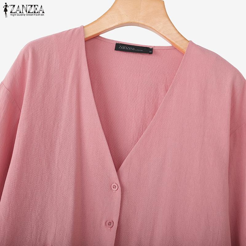 ZANZEA Women Casual V-Neck Loose Long Sleeve Cotton Blouse