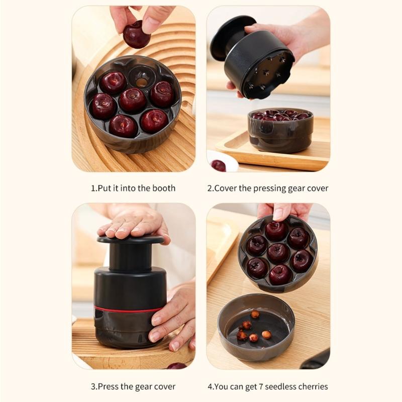 Small-Size Fruit Pitter for Baking Tasks, Manual 7 Slot Press Tool with ABS and PC Body, Metal Prongs, Drawer Storage, and Counter Duty