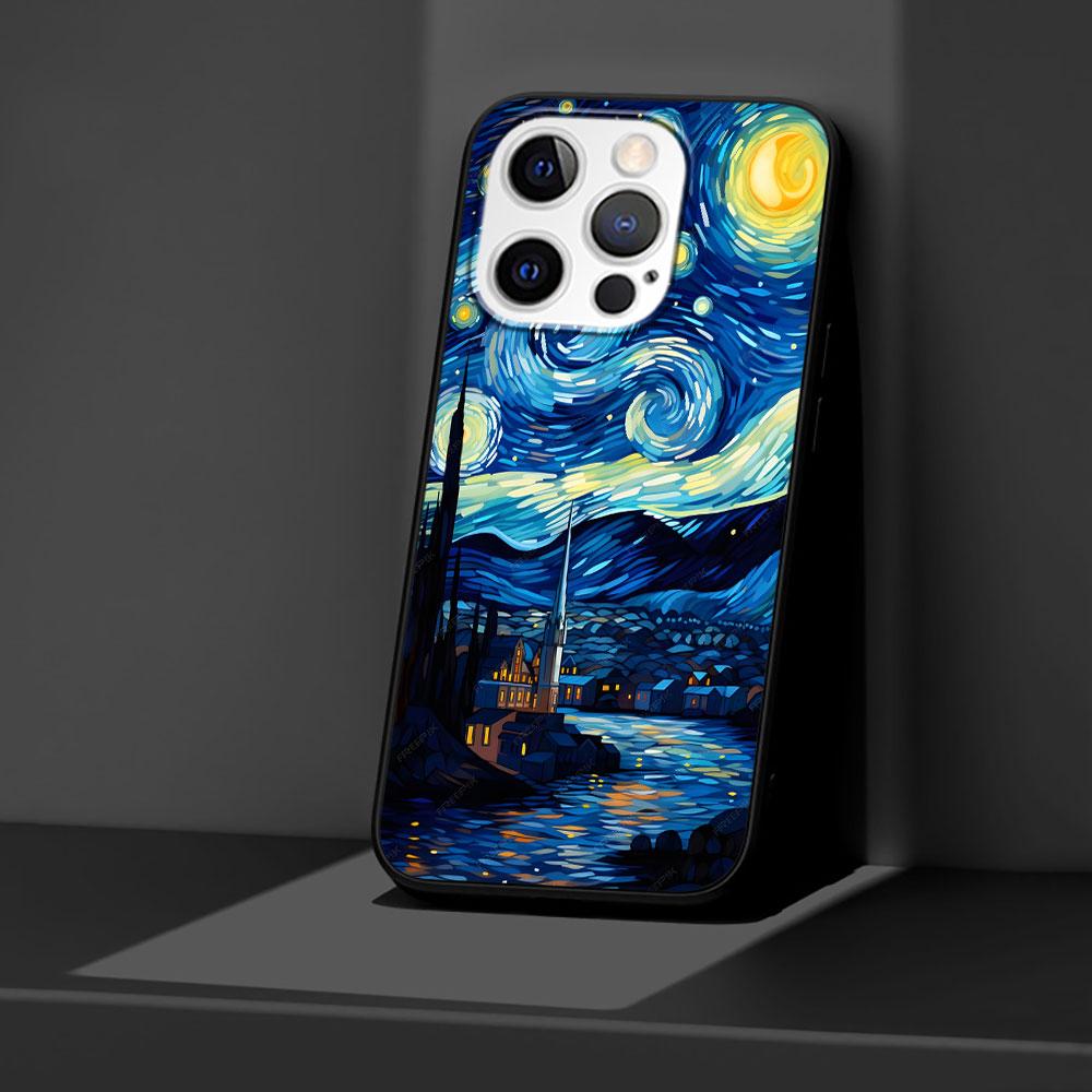Starry Night Van Gogh Art Case for Apple iPhone 14 11 7 SE 2020 8 X XS 13 12 Mini XR 15 Pro Max Silicone Black Soft Phone Cover