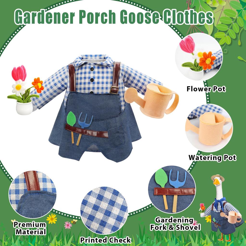 Gardener Porch Goose Outfit Set 2 Piece Clothes Fits 23 Inch Cement Plastic Goose Statue   Includes Hat  Scarf  Watering Can  Flower Pot  Tools