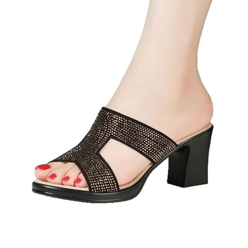 Elegant rhinestone thick-bottomed casual beach cool slippers women's summer new flash diamond lightweight outer slippers