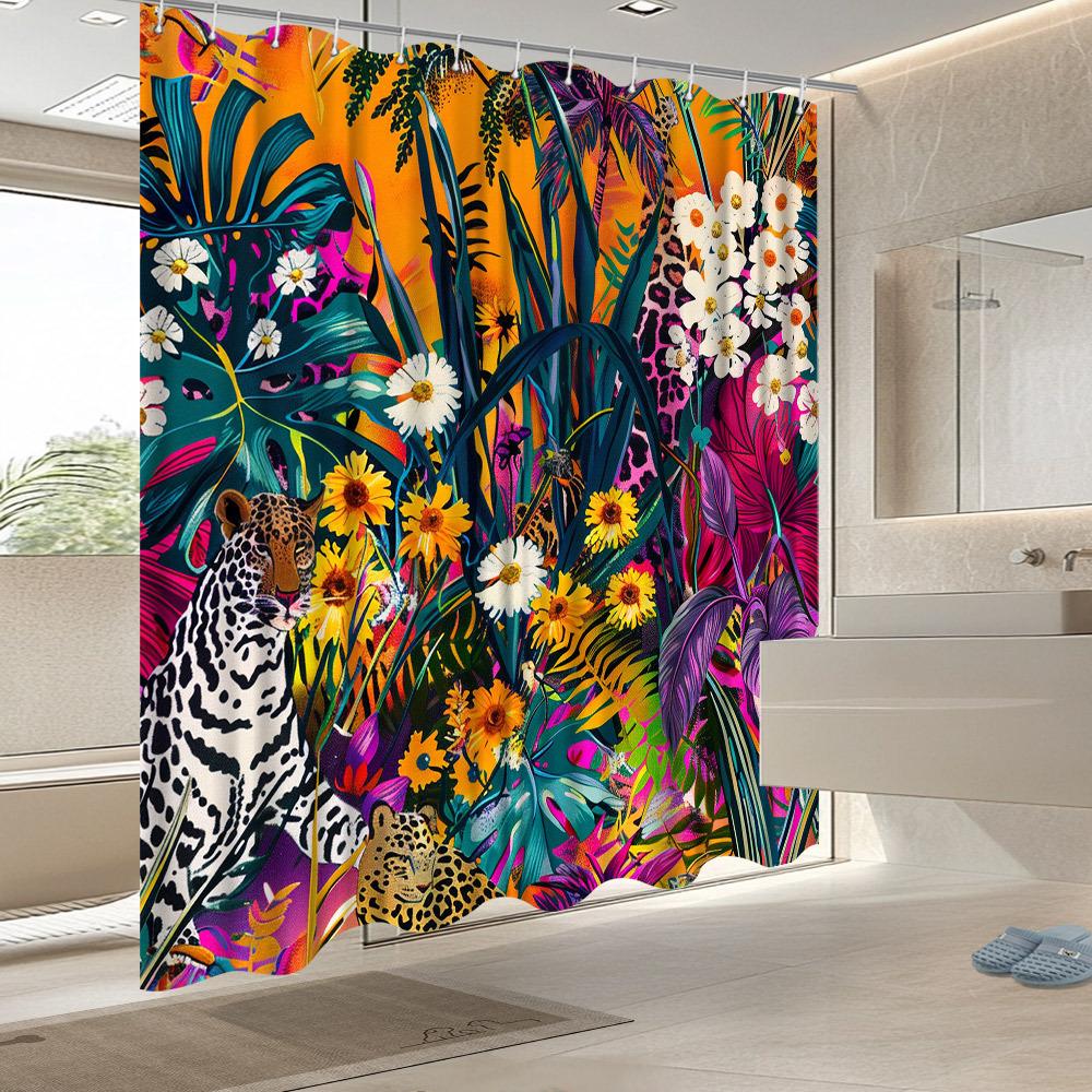 Jungle Leopard Shower Curtain - Black-Spotted Leopard, Tropical Plants, Gradient Orange Sky, 70.8X70.8, Fade-Resistant Polyester