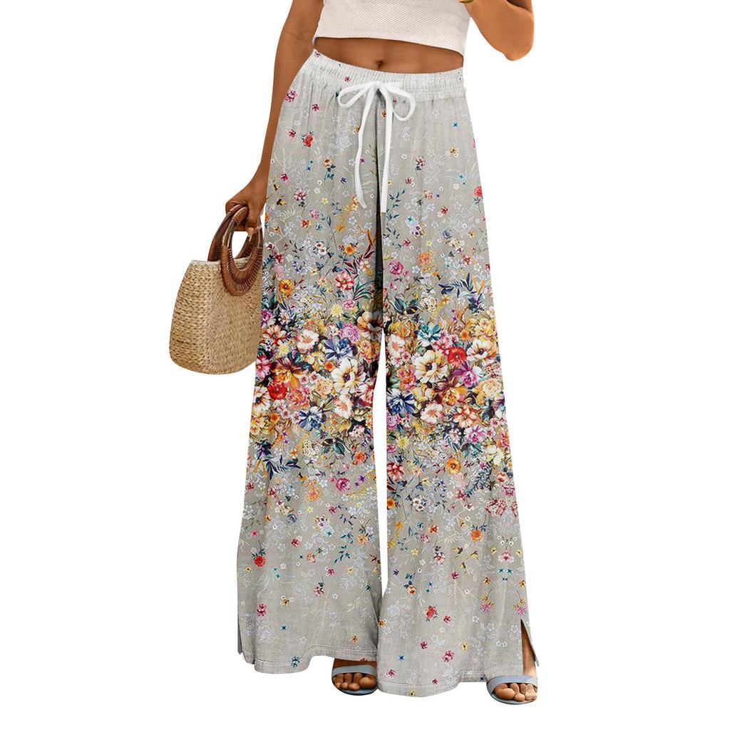 Women Summer Boho Palazzo Pants High Waist Wide Leg Floral Printing Casual Trousers With Pockets