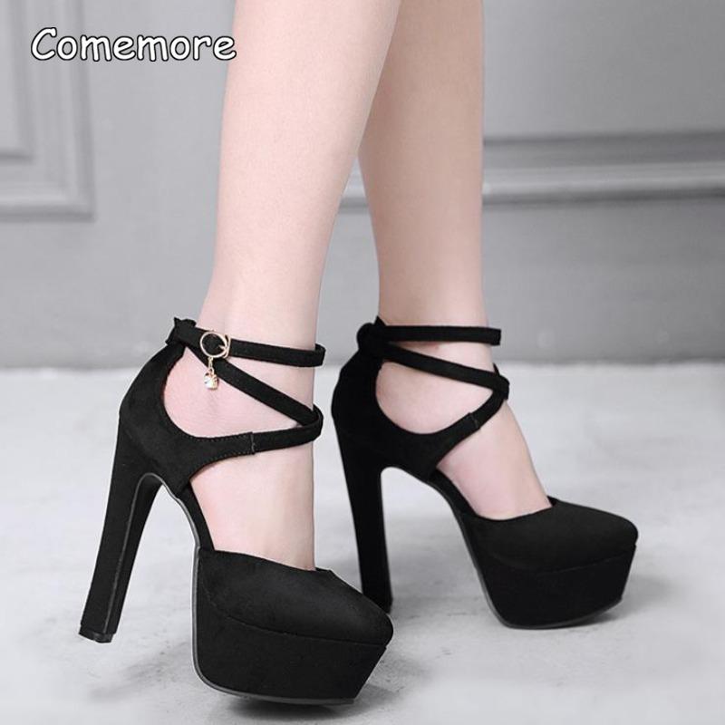 Zapatos de Salón de Tacón Alto de Piel de Ante Negra de 14 CM con Correas Cruzadas en el Tobillo Sandalias de Plataforma para Mujer Moda Primavera Otoño Elegantes