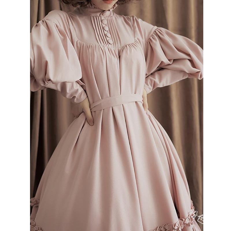 Women's loose standing lace long sleeve button cos clothing solid color sweet lantern sleeve knee-length dress