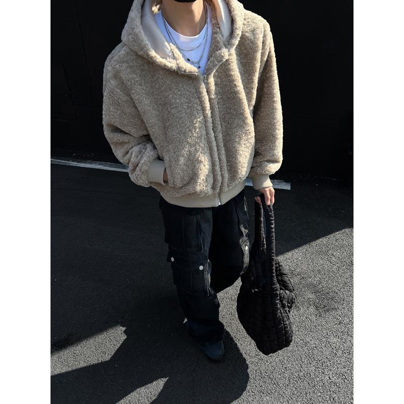 Men's American Retro Lambswool Coat - Winter Hooded Fur Cardigan with Velvet Lining