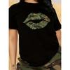 Women Camo Lip Print Tee Crew Neck Short Sleeve Casual Summer Top