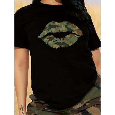 T-shirt da donna mimetica con stampa labbra, girocollo, manica corta, casual, estiva