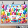 Telo di sfondo per festa di compleanno con palloncini colorati e tema scatola regalo, lettere tridimensionali centrali "Buon Compleanno"