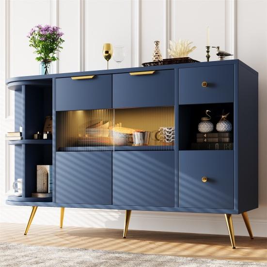 Dining Room Sideboard Living Room Storage Cabinets with Glass Sliding Doors, LED Lights Wooden Dressing Free-Standing Cupboards Buffet Cabinet Kitchen
