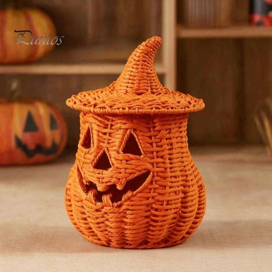 Rustic Fall Aesthetic Halloween Pumpkin Lantern Tabletop Decor, Woven Witch Hat Candy Bowl & LED Decorative Storage Container Prop, Gothic Centerpiece