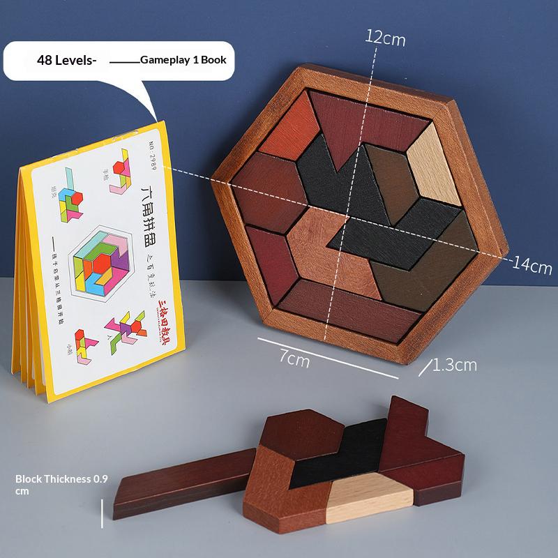 Hexagon Tangram Puzzle Wooden Jigsaw 7 Pieces for Children and Adults Challenging Brain Training Logic Toy Home Play