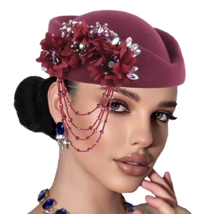 

Winter Beret With Sparkling Rhinestones Embellishment And Fringe Detail Warm Unisex Fashion Hat for Women Girls кларет