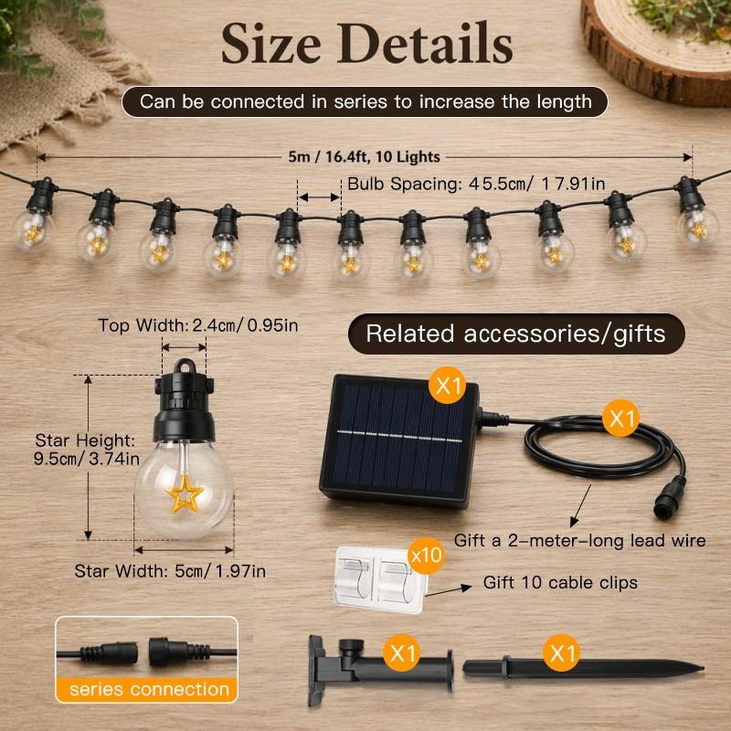 Solar Star String Lights 5M 10LED with 2M Lead Wire & 10 Hooks, Outdoor Waterproof Garden Christmas Decor Lights