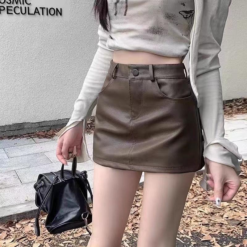 

2024 A/W Women s High Waist Slimming PU Leather Midi Skirt - Anti-Exposure Petite A-Line Bodycon Design 3XL кофейный