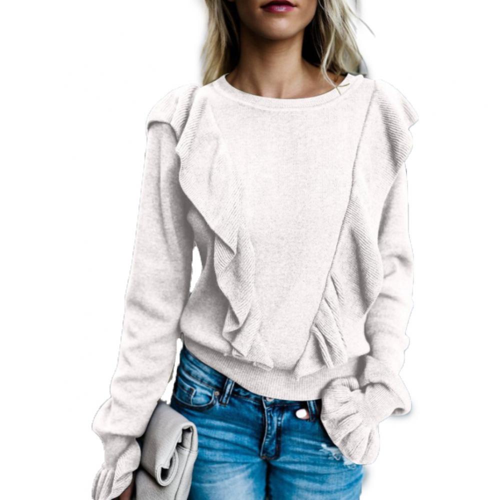 Fashion Women Solid Color Ruffled Long Sleeve O Neck Pullover T-shirt Blouse Top