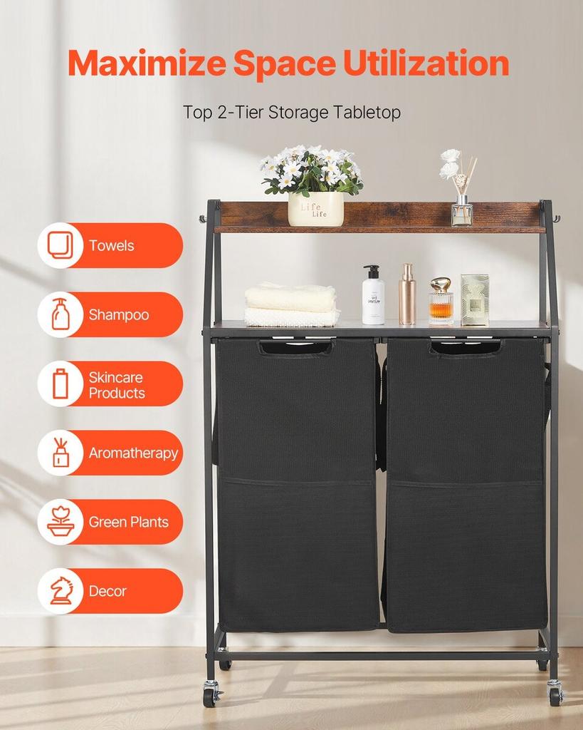 2 Tiers Laundry Sorter Tall Laundry Hamper with Wheels and Hooks 2 Section