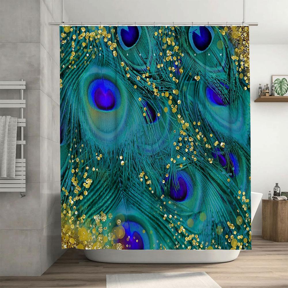 Peacock Feather Shower Curtain Nature Teal Blue Pattern Bathroom Decor Washable Fabric Waterproof Home Textile Artistic Design