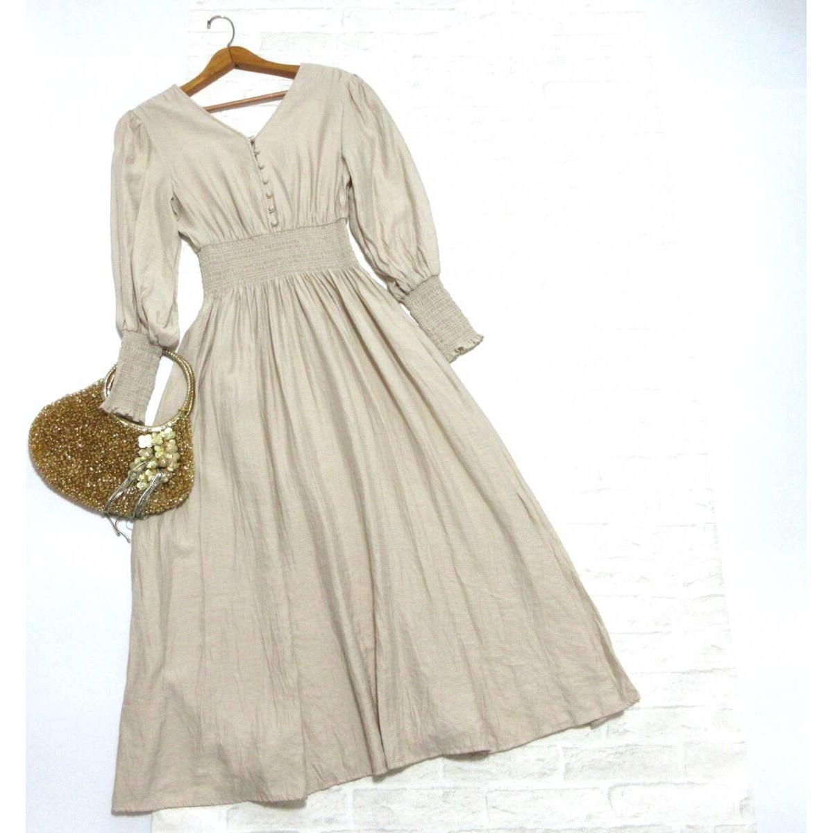 Good Condition Shipping Included LILY BROWN Lily Brown Beige Waist Gathered Seersucker Long Dress (Maxi Length One Piece Dress Oversized)