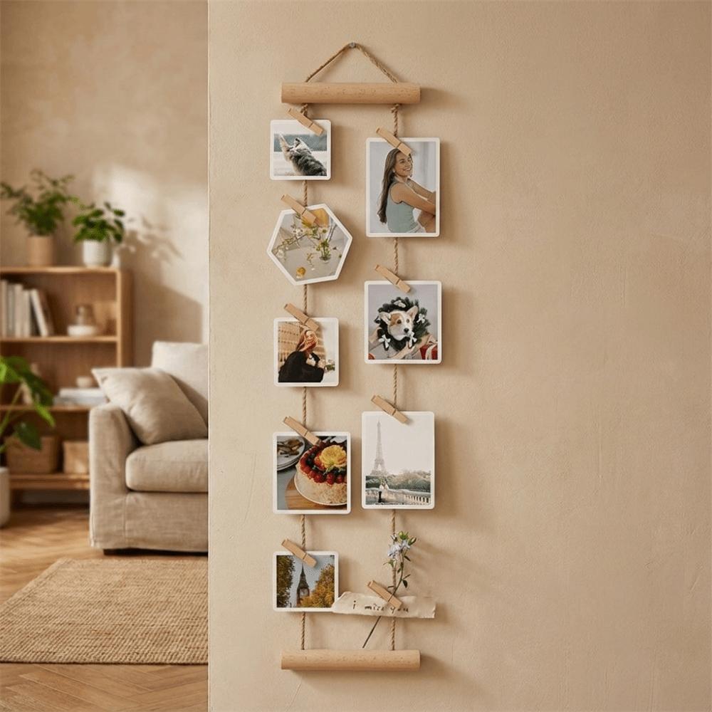 Nordic Style Hanging Photo Display Handcrafted Minimalist Wall Decoration Frame with Clips Decorative Photo Collage Frame