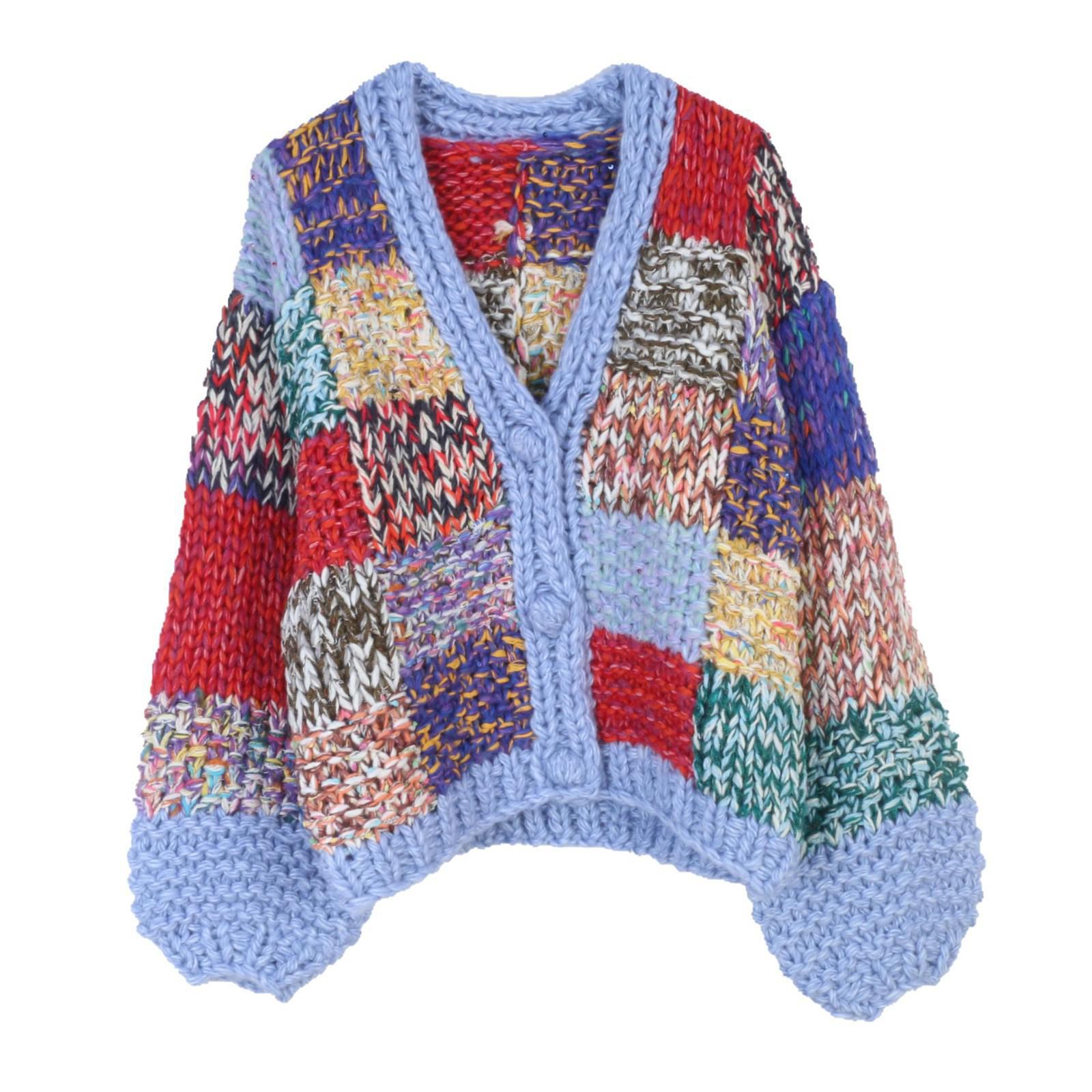

European and American Color Block V-Neck Loose Knit Sweater for Spring/Autumn Large