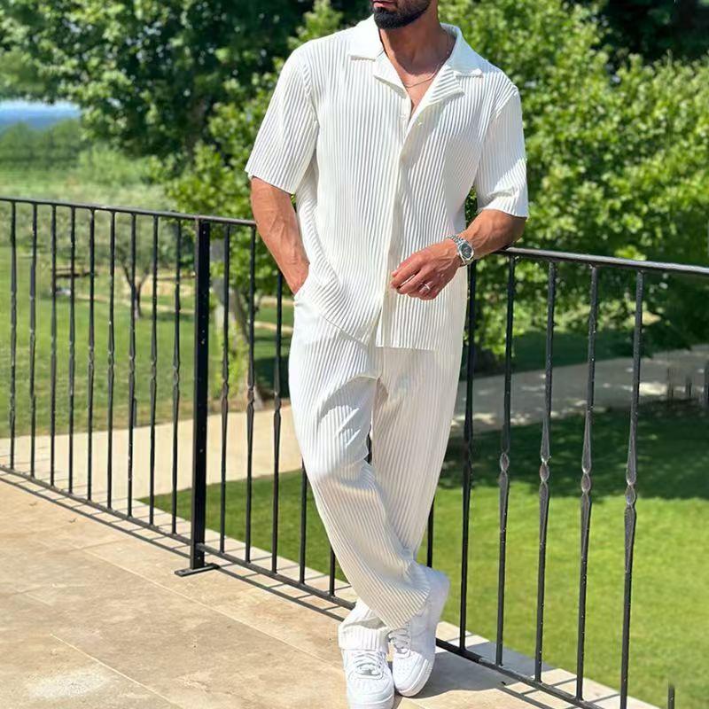Summer Casual Fashion Plain Striped Suit for Men Style Complete Short-sleeved Trousers for Men