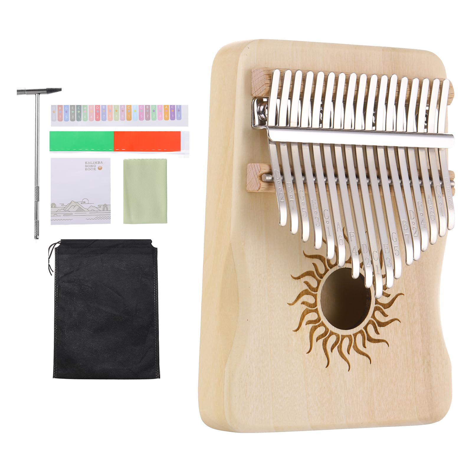 

uxcell 17-клавишное пианино для большого пальца, коричневое мини-портативное пианино для пальцев с узором солнца из кленового дерева, защитная сумка, настроечный молоток и инструкции с нотами,