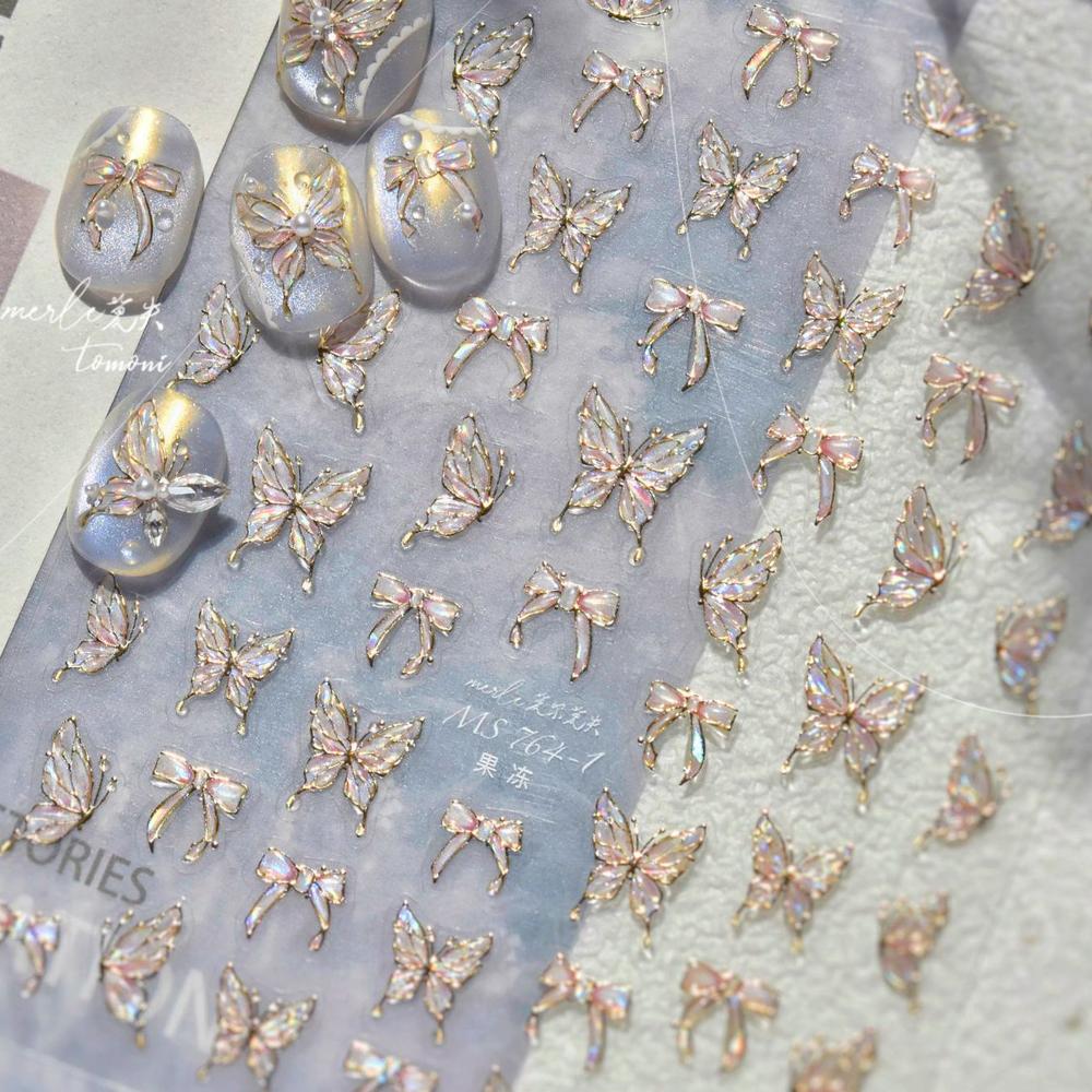 1 Piece 5D Retro Colorful Hand-painted Butterfly Nail Stickers Shell Light Butterfly Rhinestone Soft Relief Nail Art Stickers