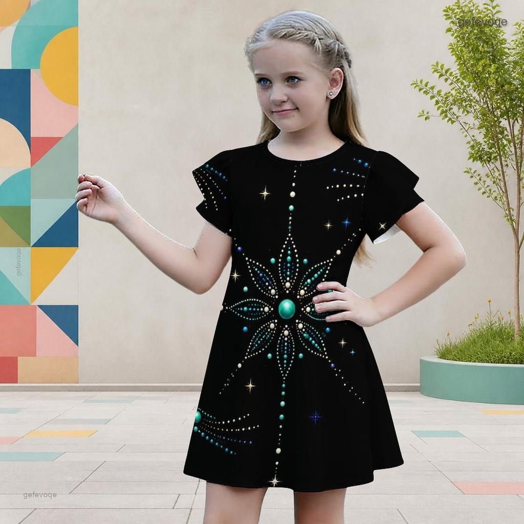 Girls Round Neck Short Flutter Sleeve Mandala Printed A Line Black Dress