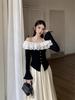Pure Desire Ruffle Patchwork One-Shoulder Women's Long-Sleeve Waist-Cinched Autumn Top