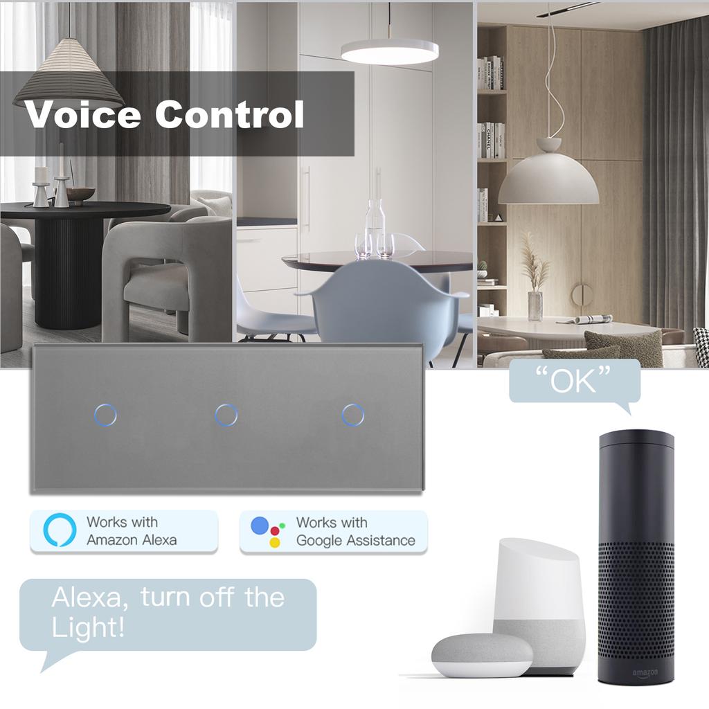 BSEED Wifi Smart Touch Switches 1/2/3Way For Stairs Plus Normal EU Wall Sockets Tuya Smart Life Alice App Control Gray Series