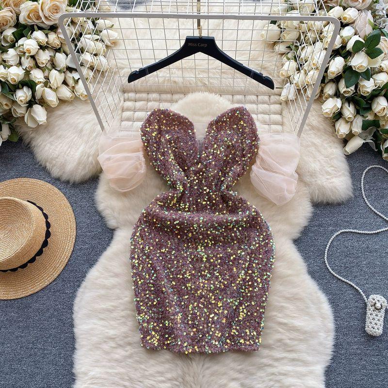 

Маленькое Нарядное Сексуальное Платье с Открытыми Плечами, Сетчатыми Пышными Рукавами, Лоскутное, Доступная Роскошь, Платье-Топ-Труба с Пайетками Khaki S