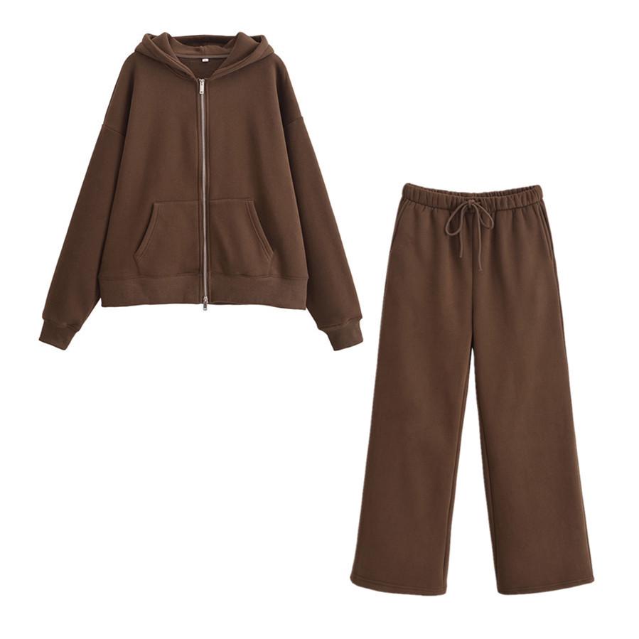 2025 Spring Women's Casual Zipper Sweatshirt Jacket & Flannel Straight-Leg Pants Set