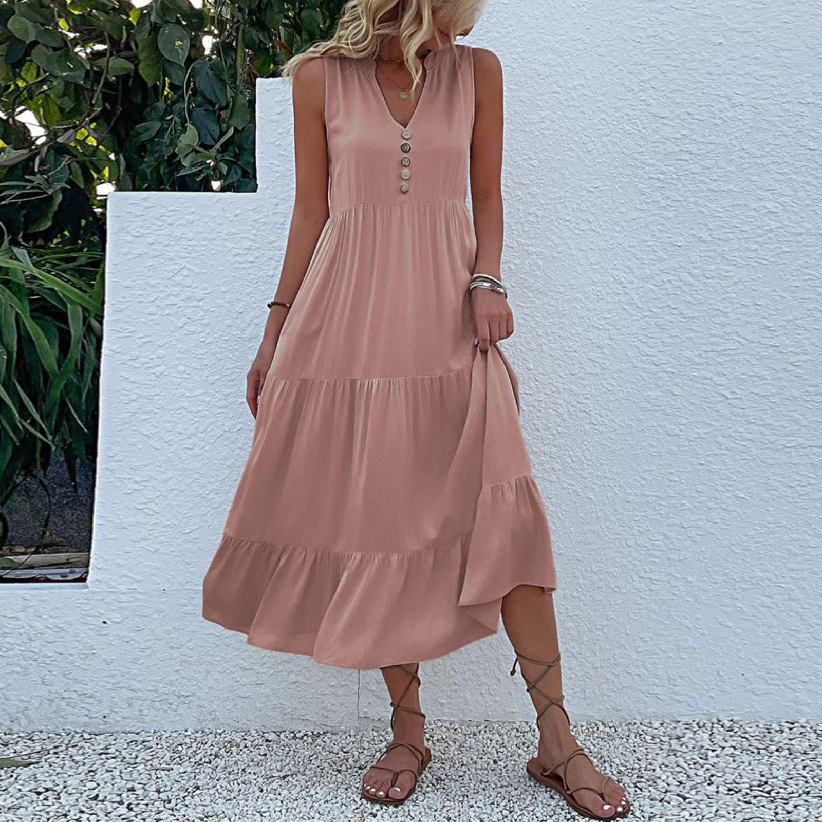 

Женское летнее повседневное однотонное свободное платье без рукавов с v-образным вырезом S розовый