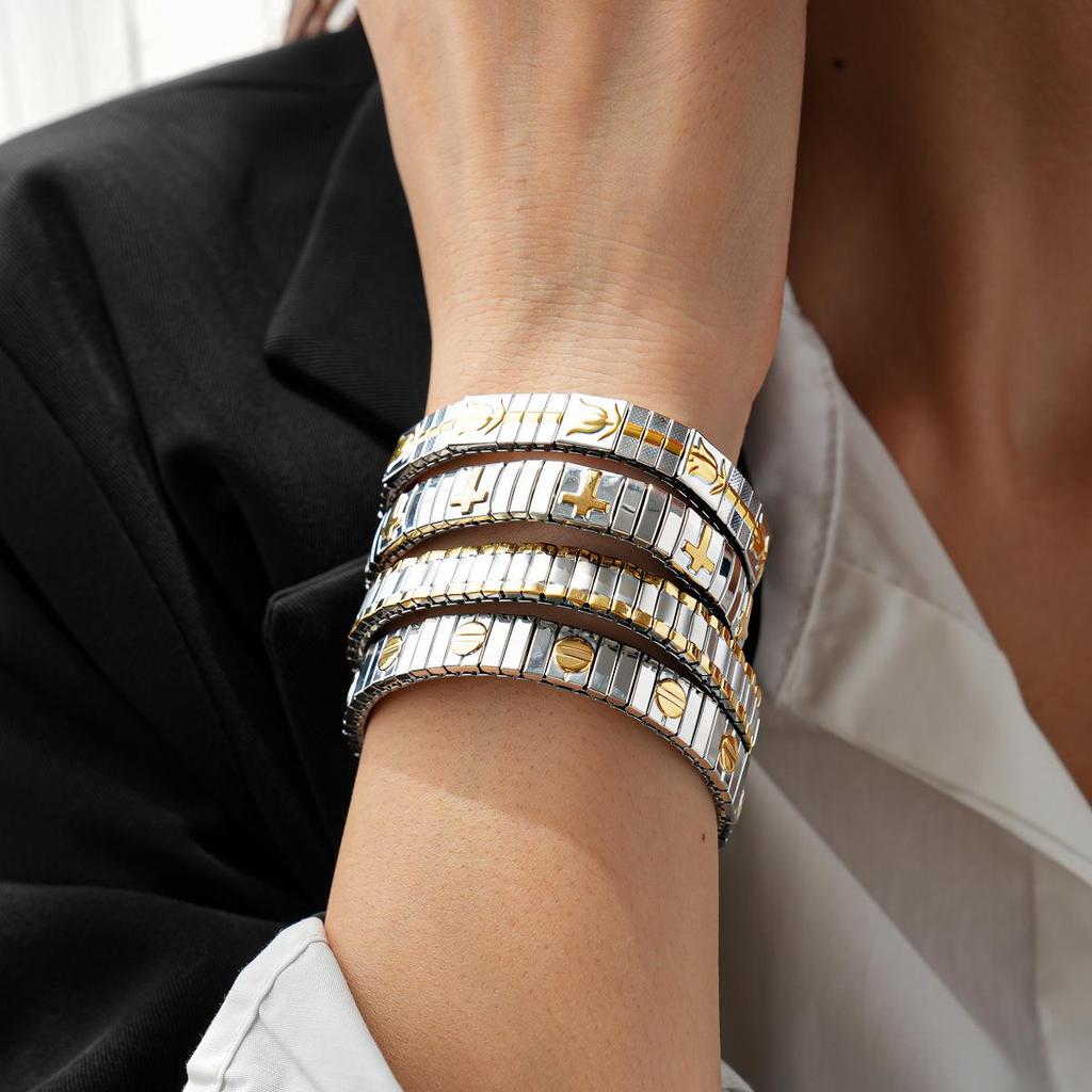 Brățară Elastică cu Nituri Geometrice în Formă de Cruce din Oțel Inoxidabil pentru Femei