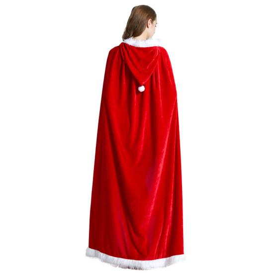 Fur Ball Decor Hooded Flurry Trim Lace-up Christmas Cloak Women Long Type Thick Warm Xmas Cape Party Costume
