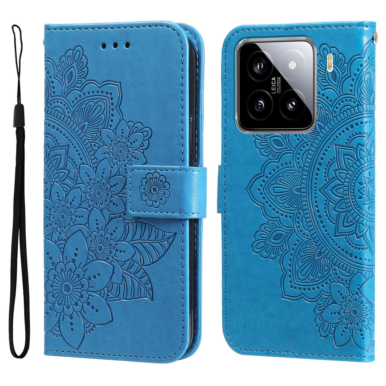 

For Xiaomi 15 Case Floral Pattern PU Leather Wallet Stand Phone Cover Blue