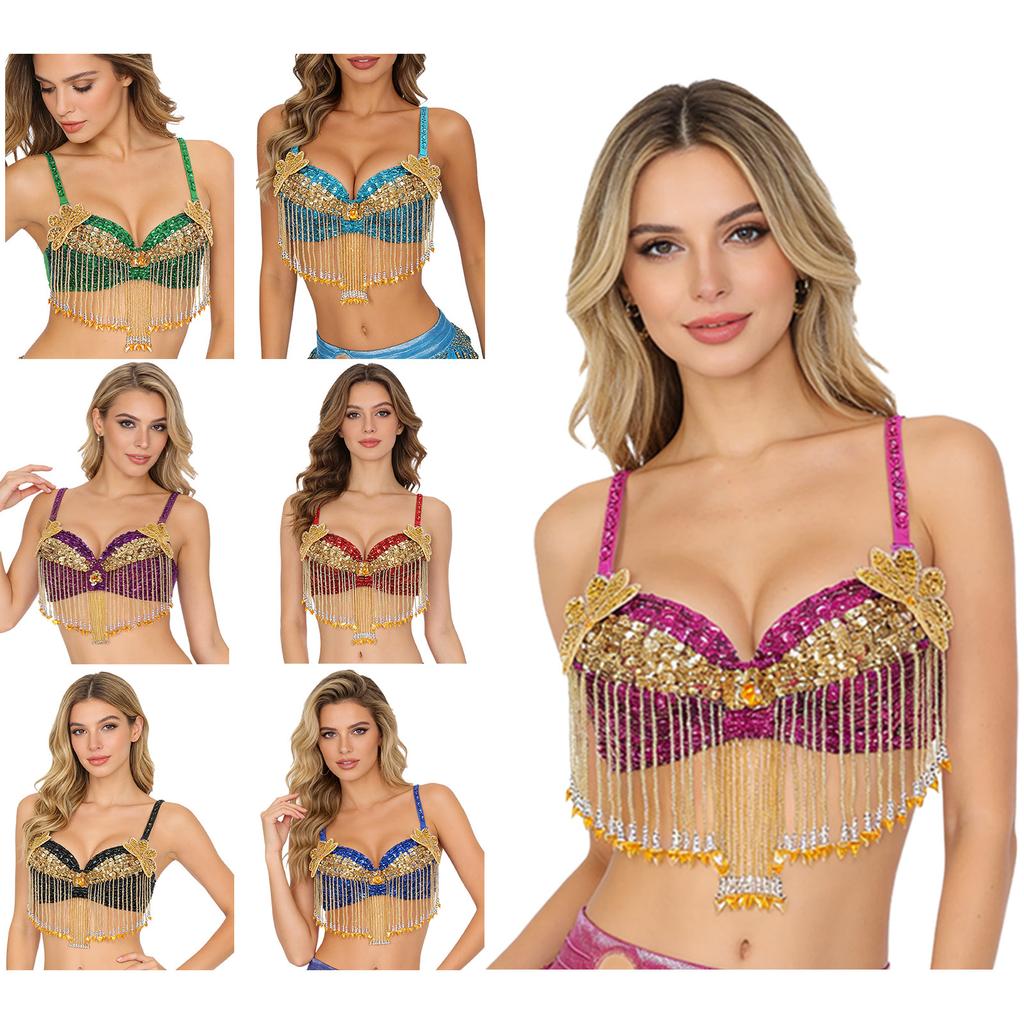 Women Sparkly Belly Dance Tops Beaded Tassels Underwired Bra Music Festival Club Crop Tank Top