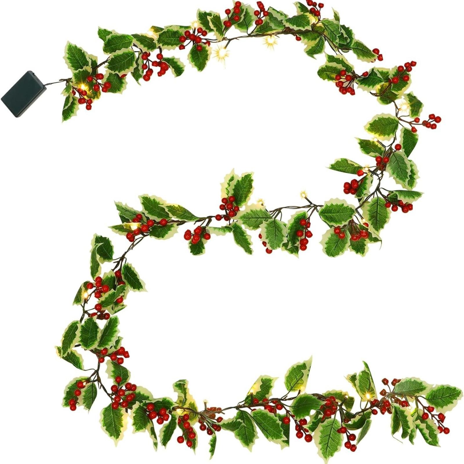 

1.8m Pre-Lit Red Berries & Holly Leaves Garlands,Battery Operated With Timer, Indoor Outdoor Xmas Fireplace Gate Home Winter New Year Decor One Size