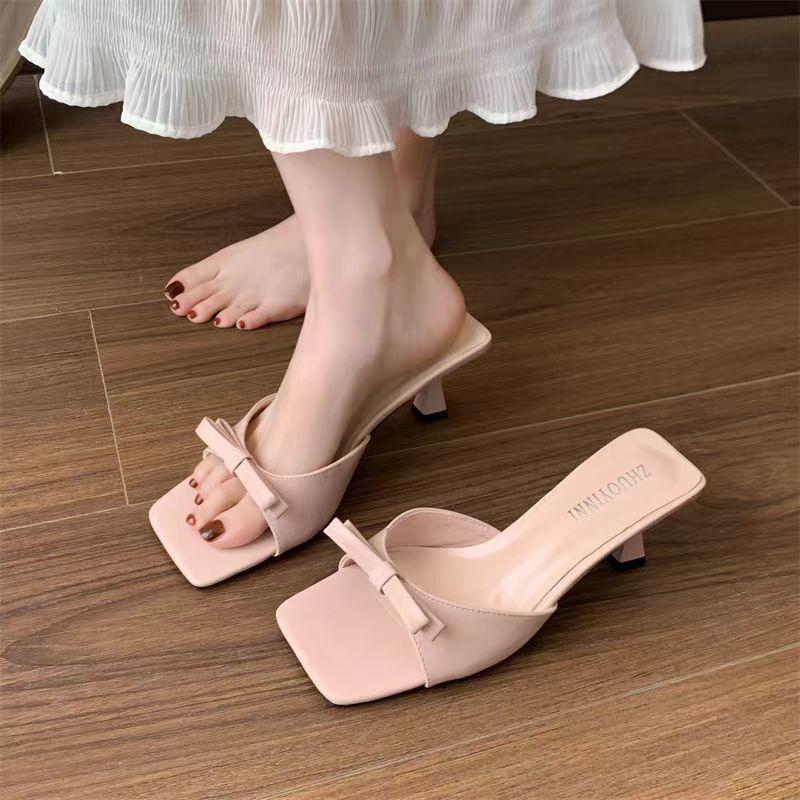 Summer 2025 new elegant French mid-heel stiletto sandals breathable lightweight non-slip bow cool slippers