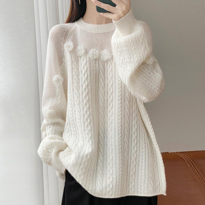 New Soft Waxy Wool Sweater Lazy Wind Knitted Crew Neck Sweater Thin Top Three-Dimensional Jacquard Hollow Wool Sweater Women