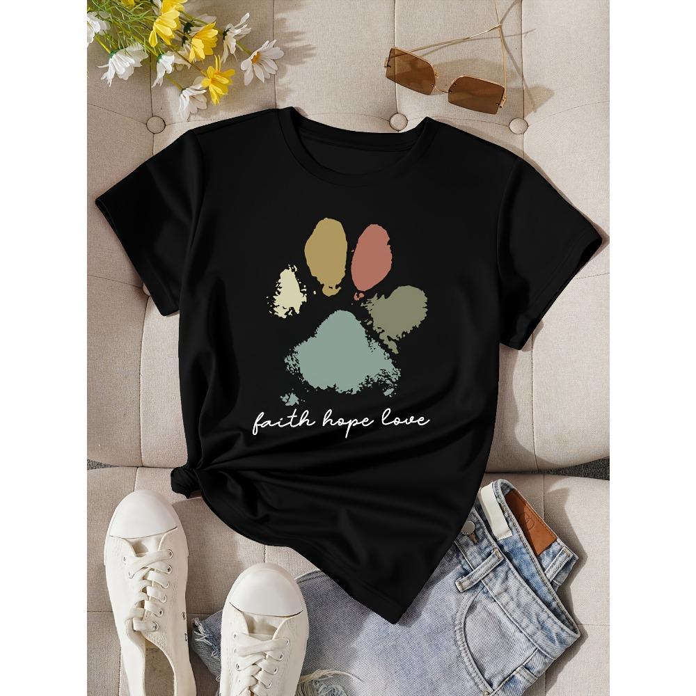 

Women Cotton Short Sleeves T-shirts Faith Hope Love Paw Print Women s Tee Boho Pet Graphic Casual Dog Lover Top S