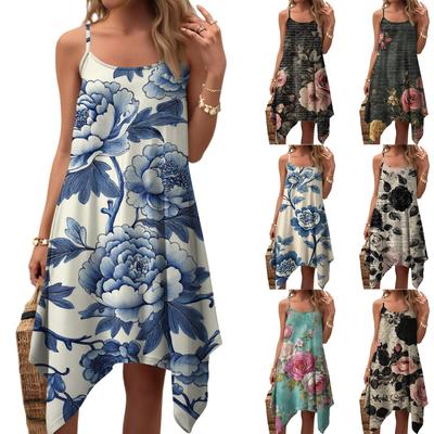 Damen Sommer Casual Vintage Blumenmuster Rundhals Verstellbares Trägerkleid mit Taschen