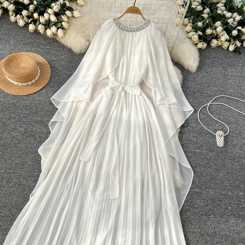 Elegante vestido largo plisado de gasa con cuello redondo, cordones y mangas estilo capa vintage para mujer, ropa de calle de moda