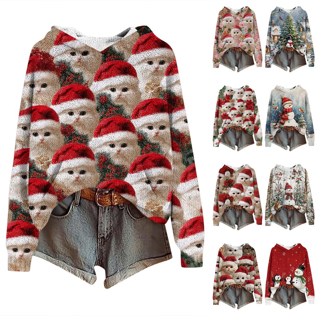 Women's Fashion Casual Long Sleeve Christmas Print Hooded Knitted Sweatshirt