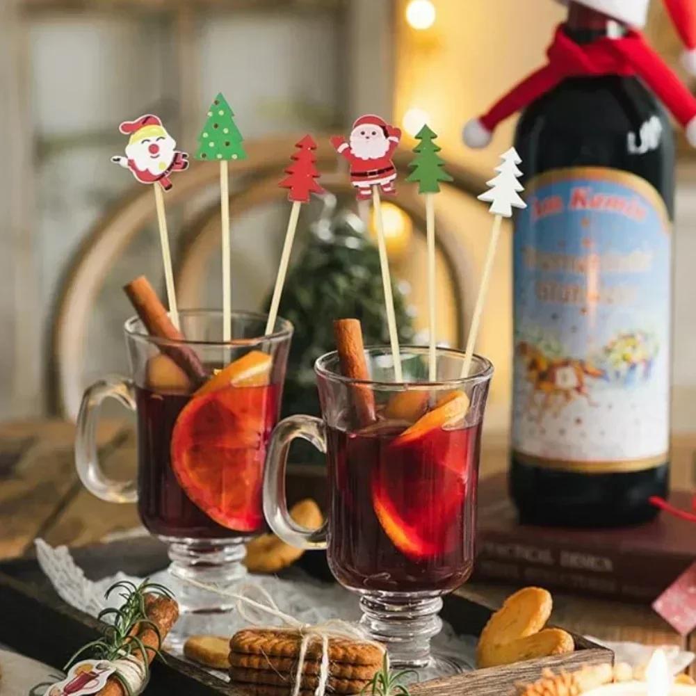 Christmas Bambusa Cocktail Picks 100PCS Featuring Santa Snowman Tree Reindeer and Snowflake Designs for Holiday Parties