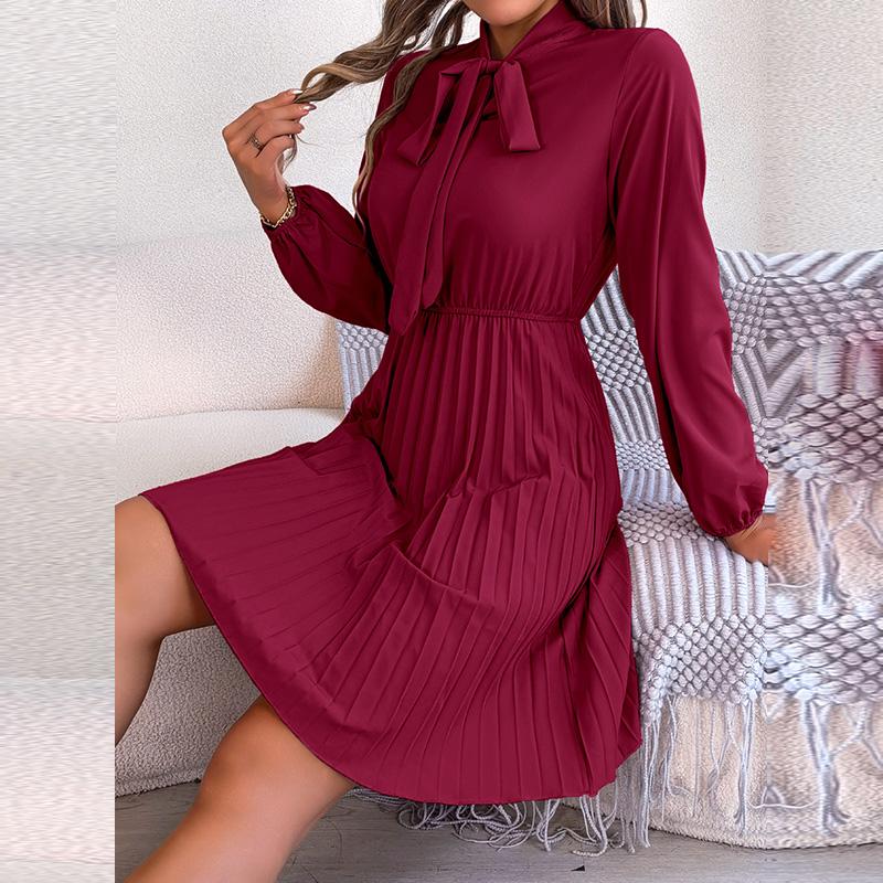 Women's Autumn Winter Temperament Lace Up Solid Color High Waist Long Sleeve Pleated Dress