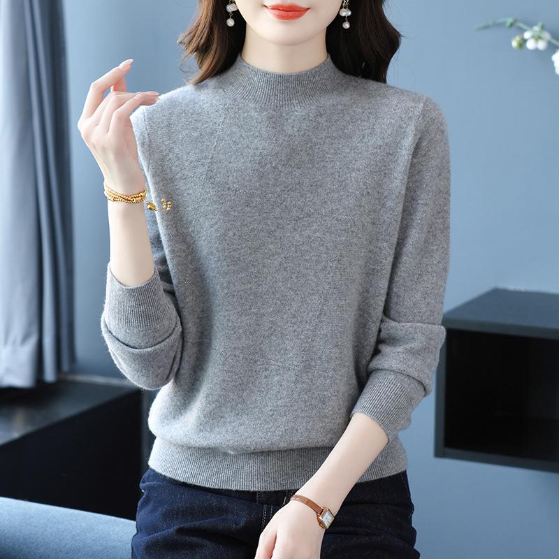 Puyuan Women's Pure Wool Half-High Neck Sweater - Autumn/Winter Solid Color Knit Base Layer for Moms