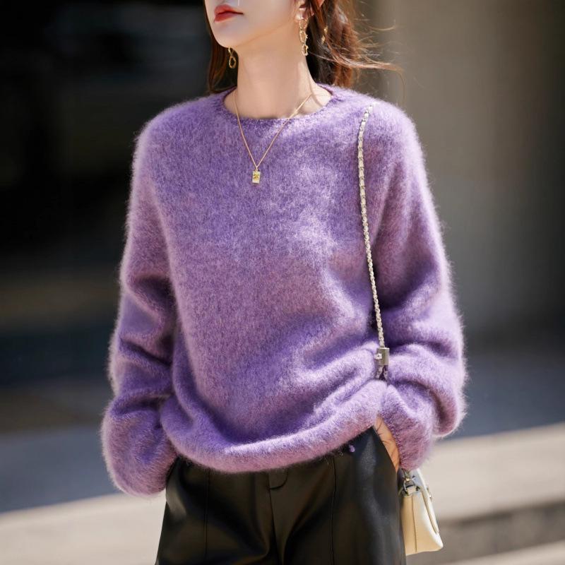 Women's Seamless Wool-Cashmere Blend Sweater - Round Neck, Seven Gauge, Thickened Slub Yarn, Brushed Fleece, Ideal for Autumn and Winter.