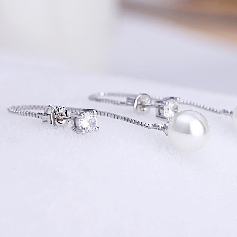 Fashion Silver -Color Simulated Pearl Pendant Long Chain Cubic Zirconia Long Earrings Bridal Wedding Pearl Jewelry Drop Earrings